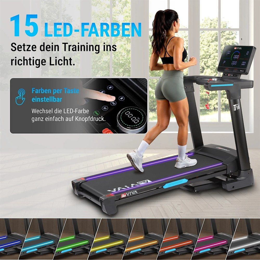 Laufband T16 mit Frau und einstellbaren LED-Lichtfarben am Band.