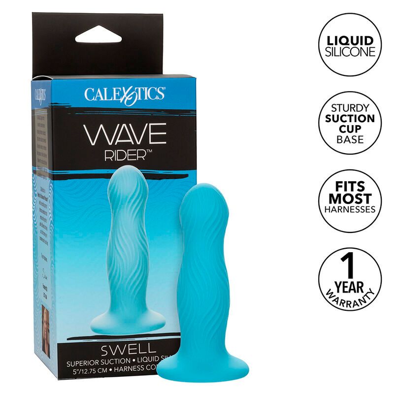 Verpackung mit türkisfarbenem Analplug. Aufschrift: Wave Rider, Swell, CalExotics. Merkmale: Flüssigsilikon, Saugnapf, für Gurte geeignet.