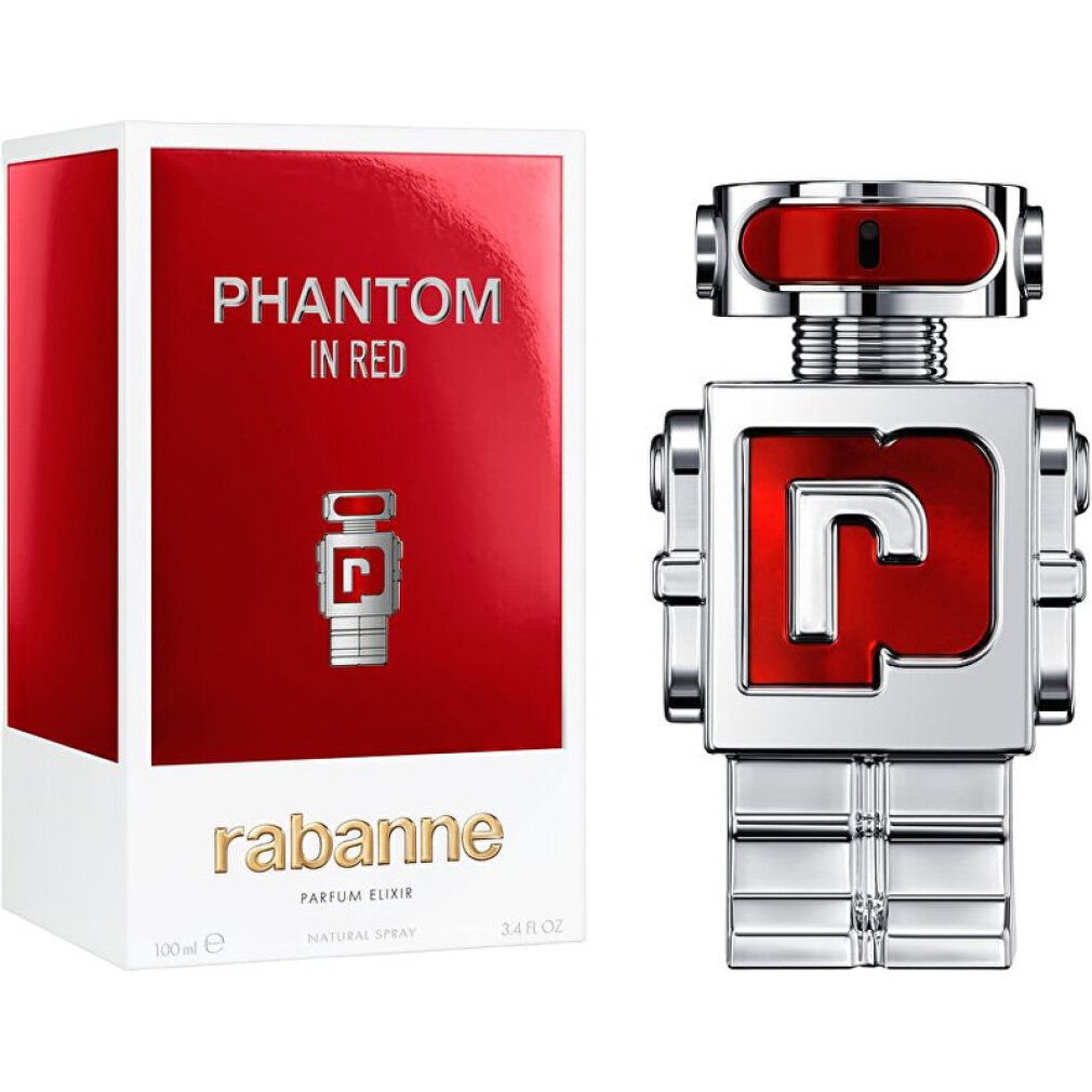 Produkt und Verpackung. Rote Schachtel mit Produktnamen und Logo. Silberner Roboterflakon daneben. Marke: rabanne.