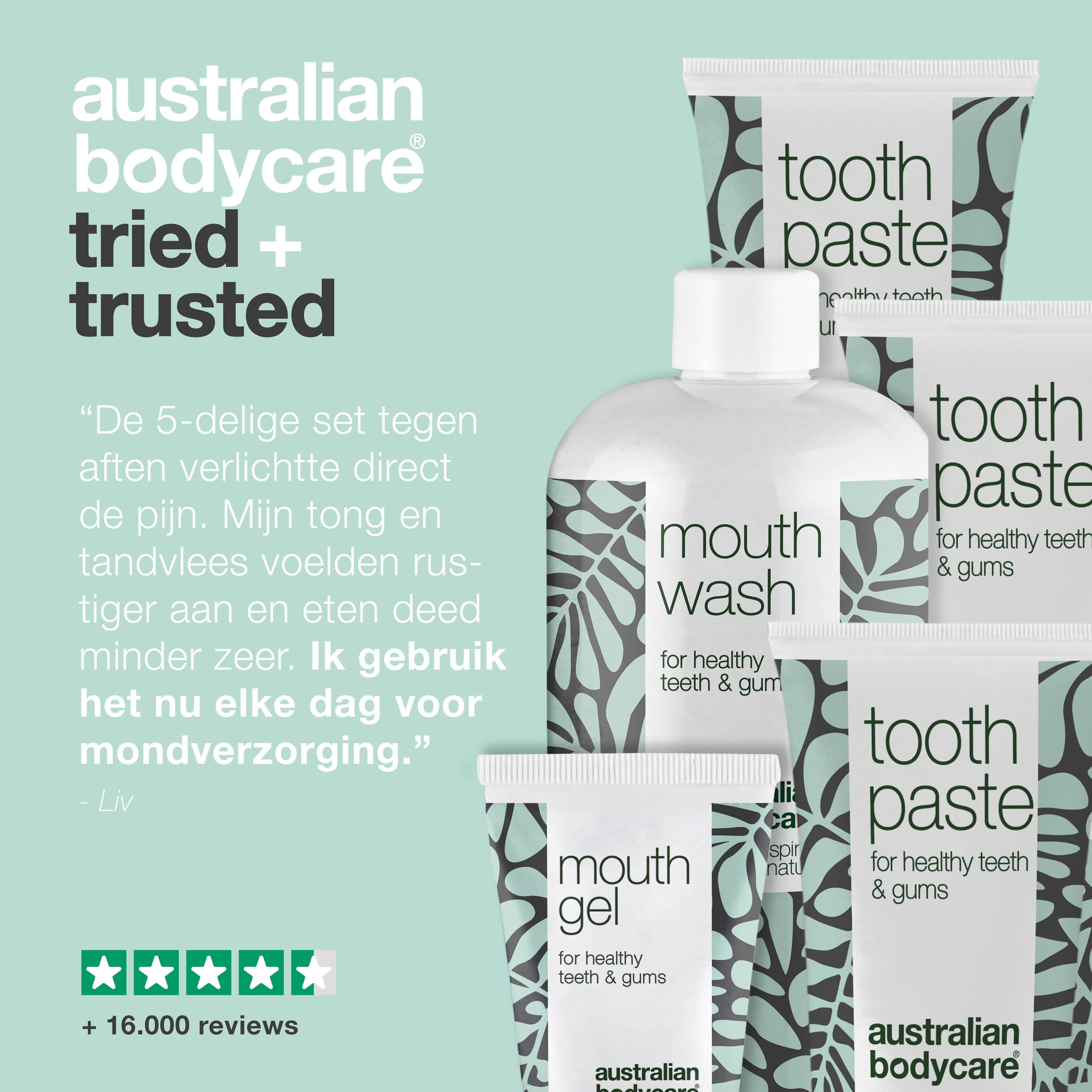 Een afbeelding die de voordelen van mondverzorgingsproducten laat zien. Producten zijn mondwater, tandpasta en mondgel.