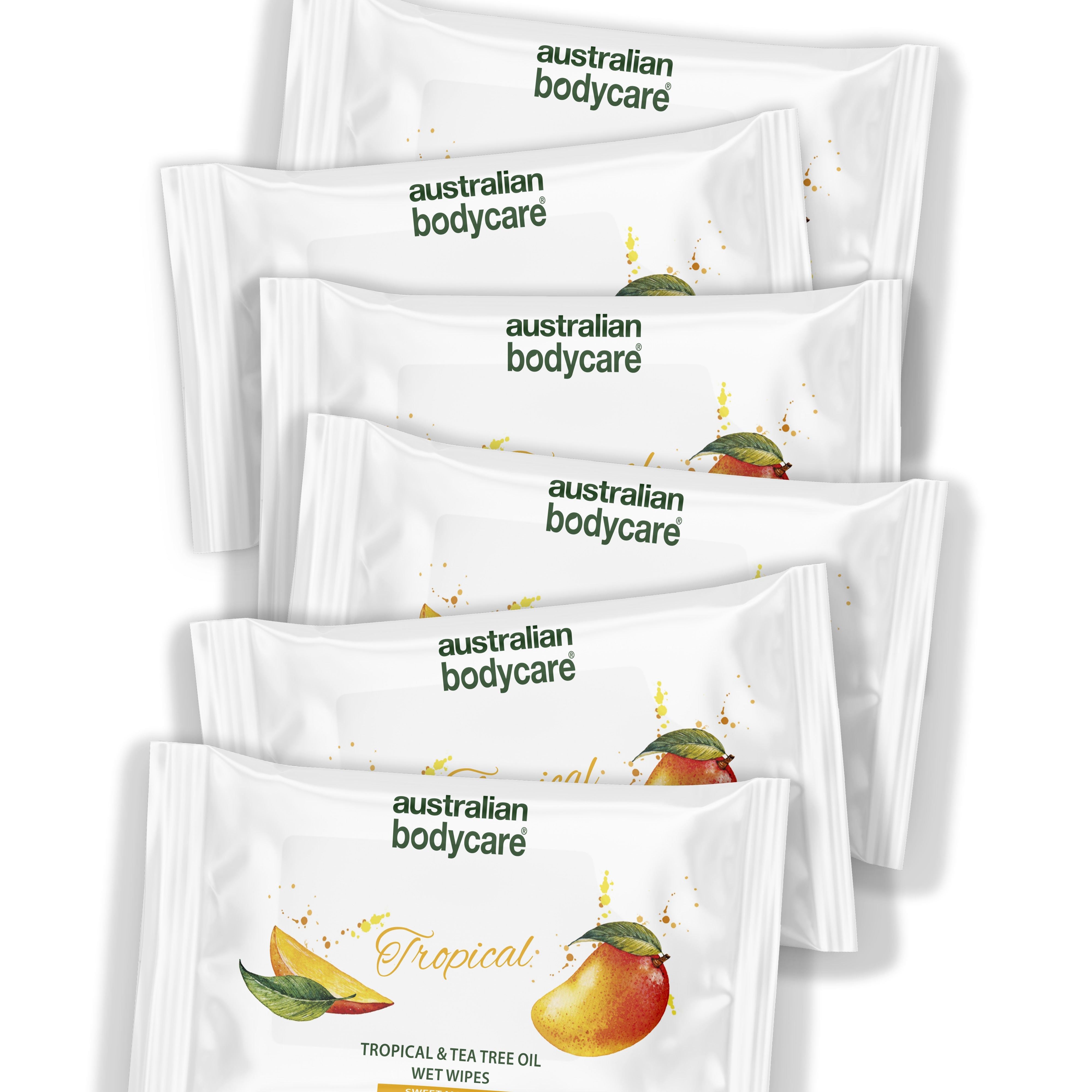 Mehrere weiße Verpackungen mit Feuchttüchern. Aufdruck: Australian Bodycare, Tropical, Mango-Illustration.