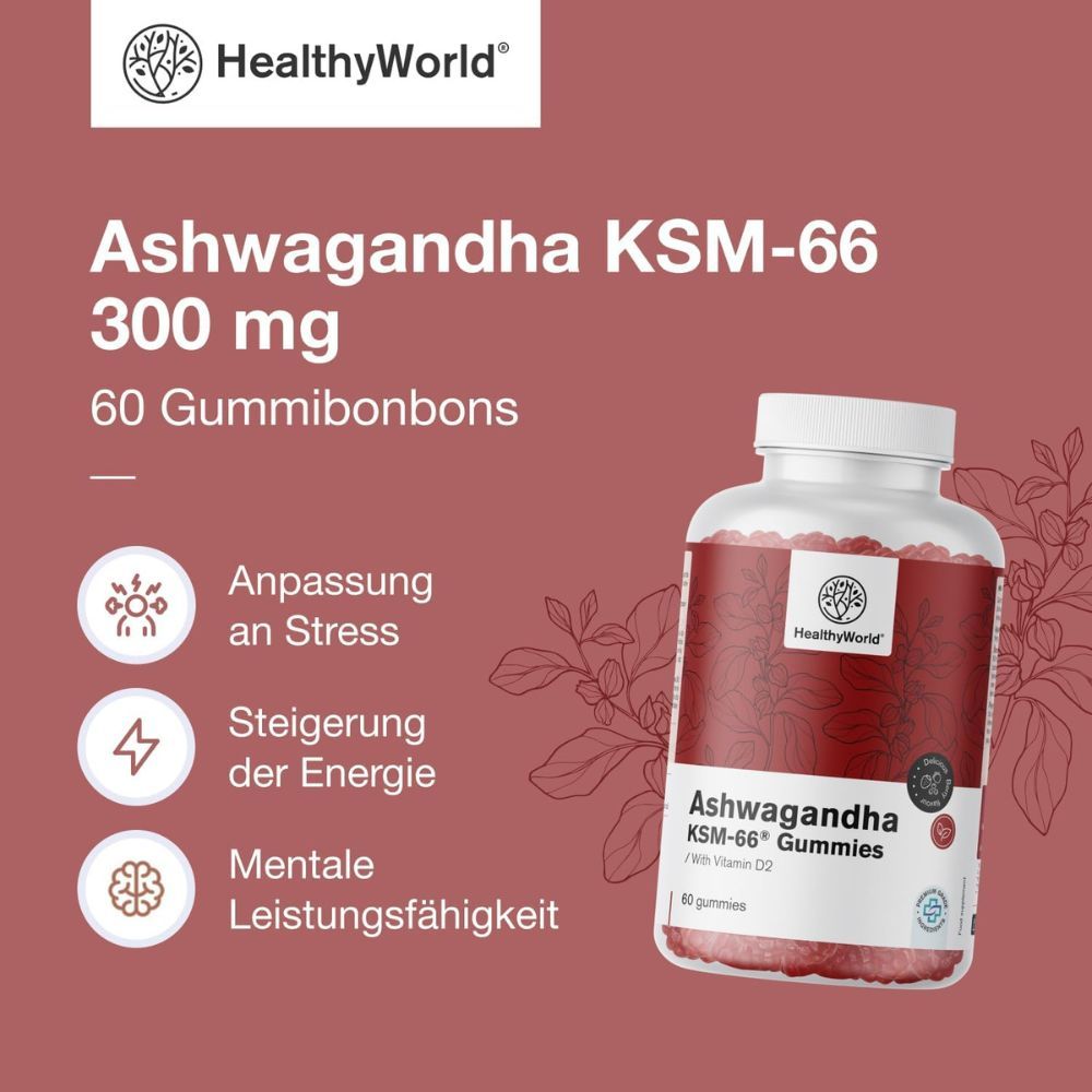 Flasche Ashwagandha KSM-66 Gummies, 60 Gummibärchen. Aufschrift: 300 mg. Waldfrüchtearoma, ohne Gelatine und Gluten.