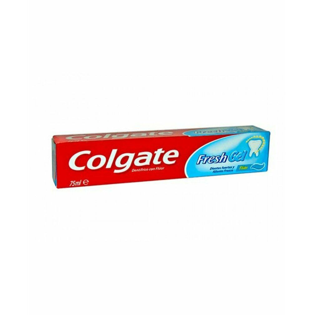 Zahnpasta-Verpackung. Rote Verpackung mit weißem Colgate-Schriftzug und blauem Fresh Gel-Bereich.