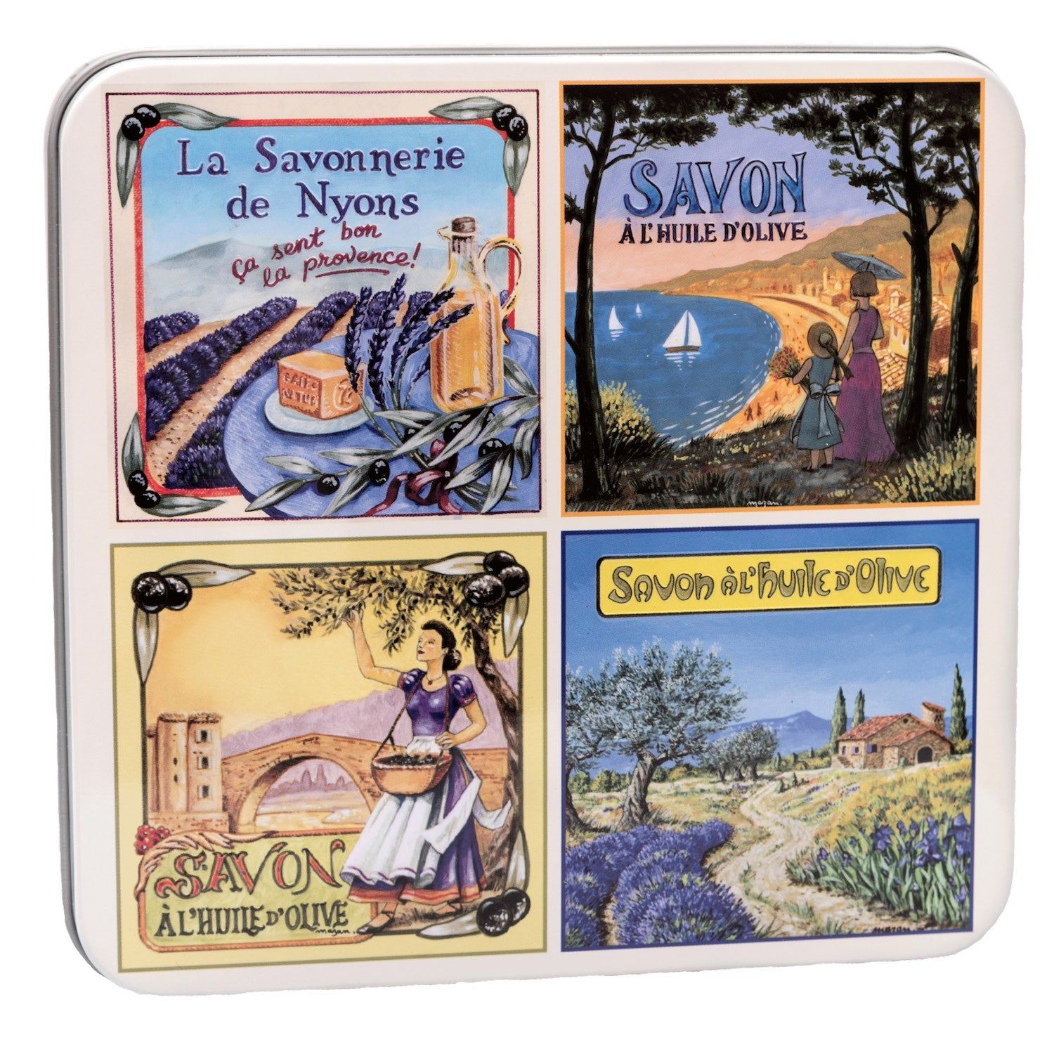 Quadratische Metallbox mit vier farbigen Illustrationen. Aufschrift: La Savonnerie de Nyons, Savon à l'huile d'olive.