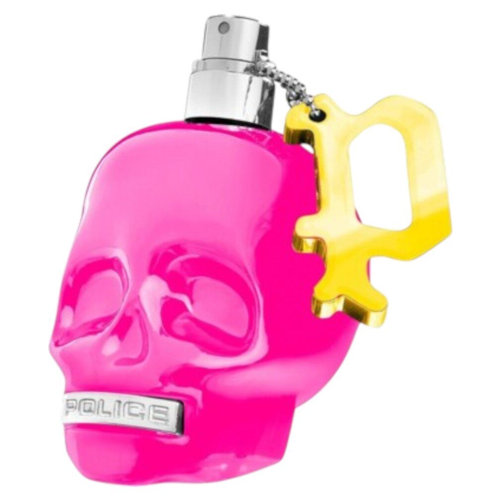 Pinke Totenkopf-Parfümflasche mit gelbem Anhänger.