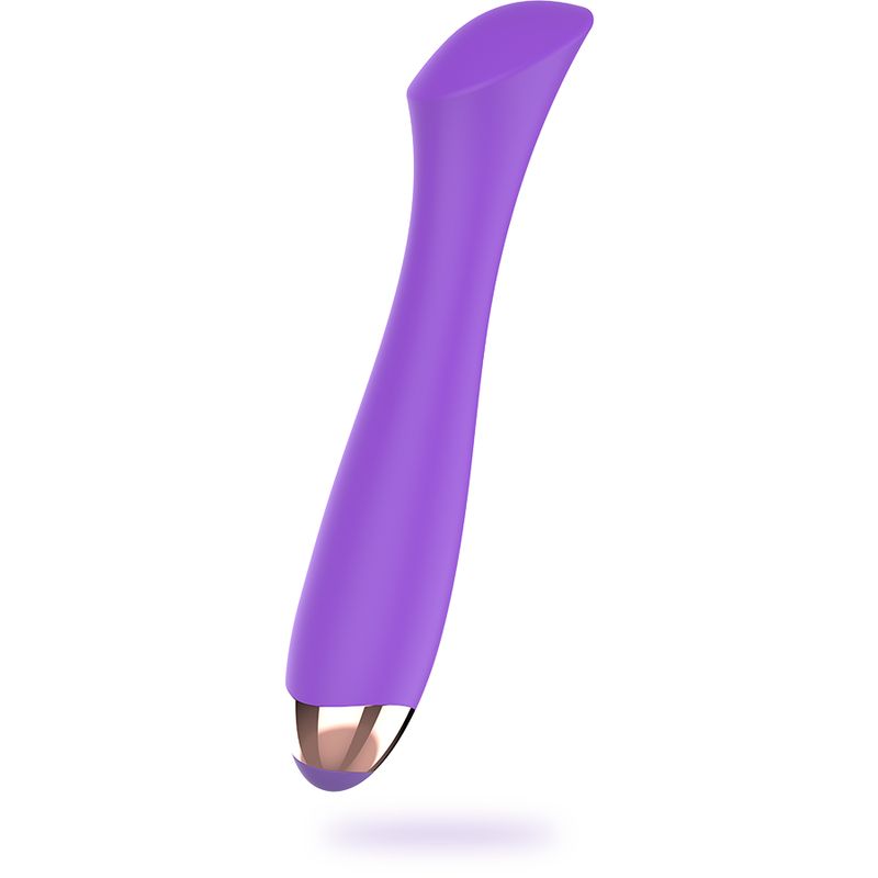 Lila Vibrator mit geschwungener Form. Goldfarbene Spitze. Glatte Oberfläche. Auf weißem Hintergrund.