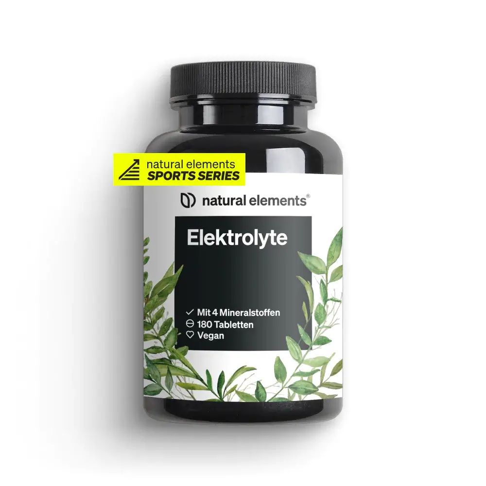 Schwarze Flasche mit Elektrolyte Tabletten. Aufschrift: natural elements, Elektrolyte, 180 Tabletten, vegan.