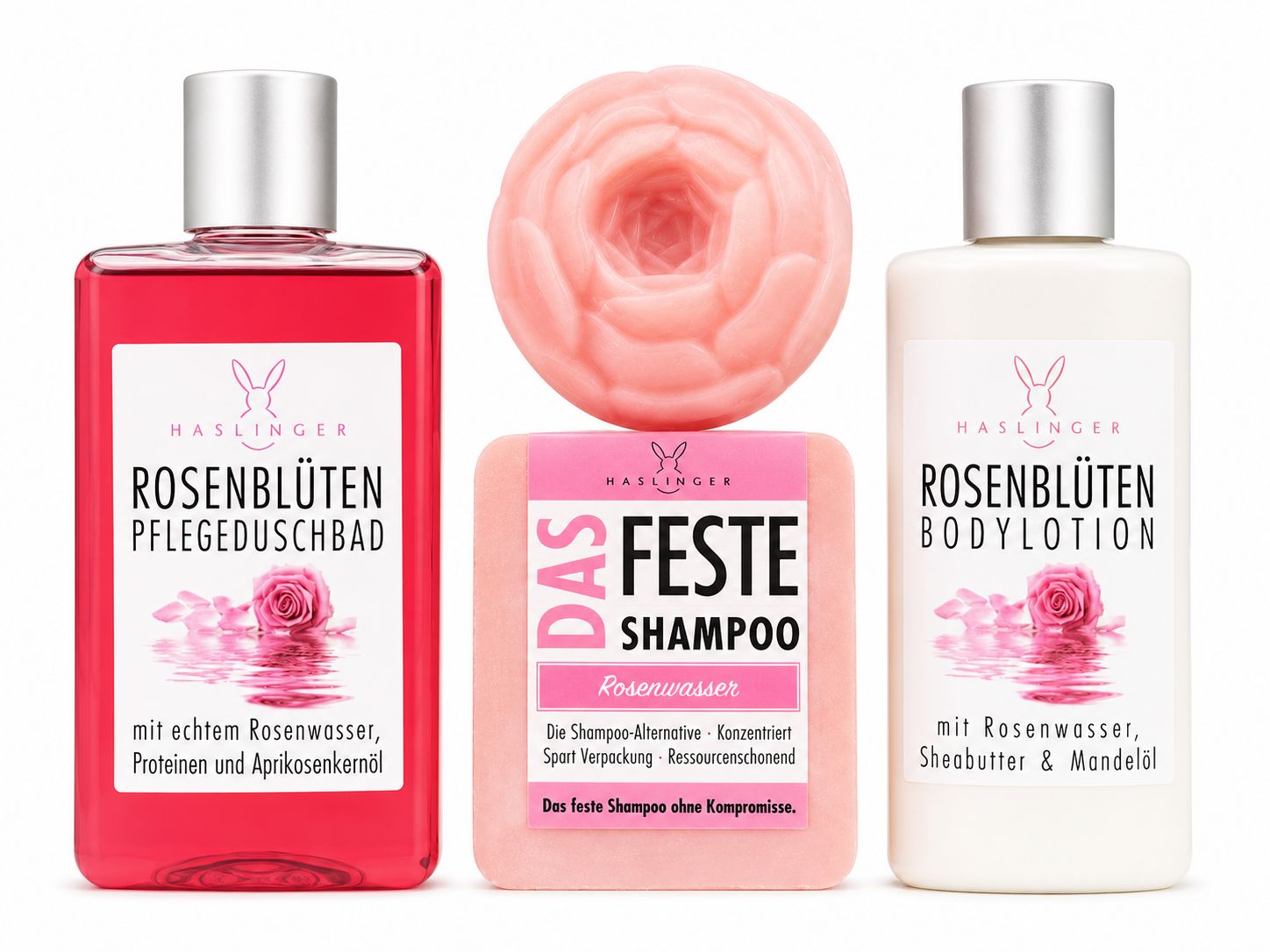 Haslinger Geschenkset Rosenblüten – Duschbad, Bodylotion, Seife & festes Shampoo