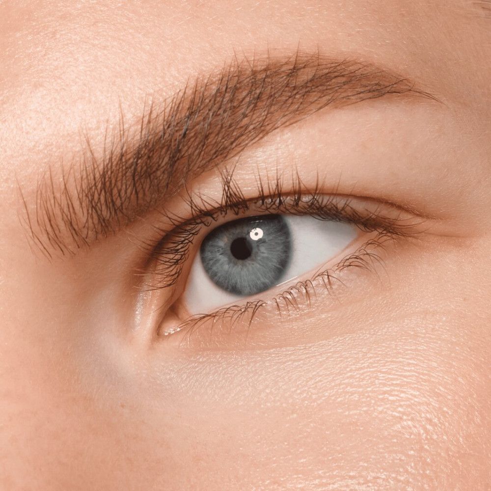 Nahaufnahme eines Auges mit Augenbrauen. Natürliche Augenbrauenform. Blaue Augenfarbe.