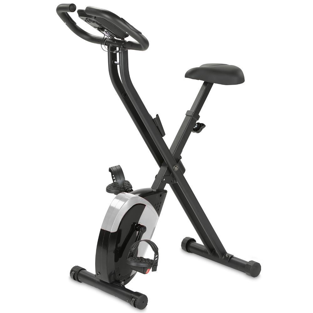 Ergometer X-Bike. Schwarz, silberfarben. Sitz, Lenker, Pedale. Zusammenklappbar. Für Heimtraining.
