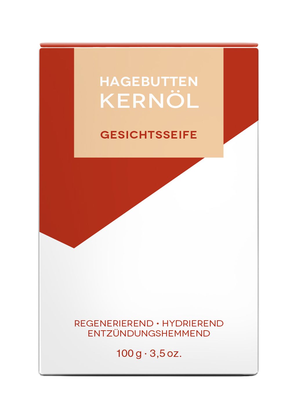 Verpackung Klar's Hagebutten Kernöl Gesichtsseife, 100g. Regenerierend, hydrierend, entzündungshemmend.