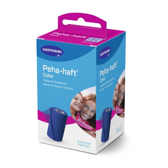 Blaues Peha-haft Color Fixierbinde in einer Verpackung. Die Verpackung zeigt das Produkt und das Logo von Hartmann. Größe: 8 cm x 4 m.