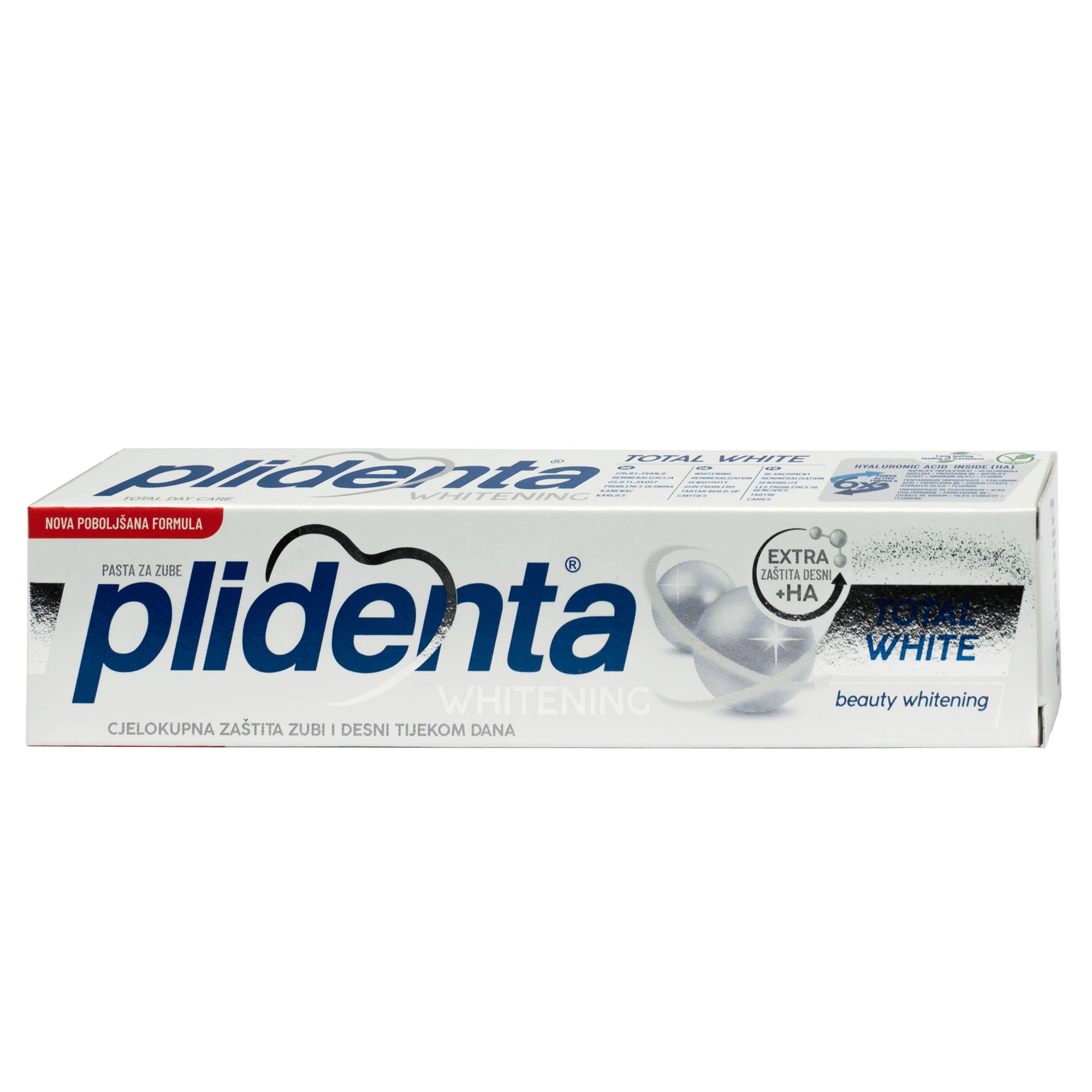 Zahnpasta-Verpackung. Produktname: Plidenta Total White. Aufschrift: Whitening.