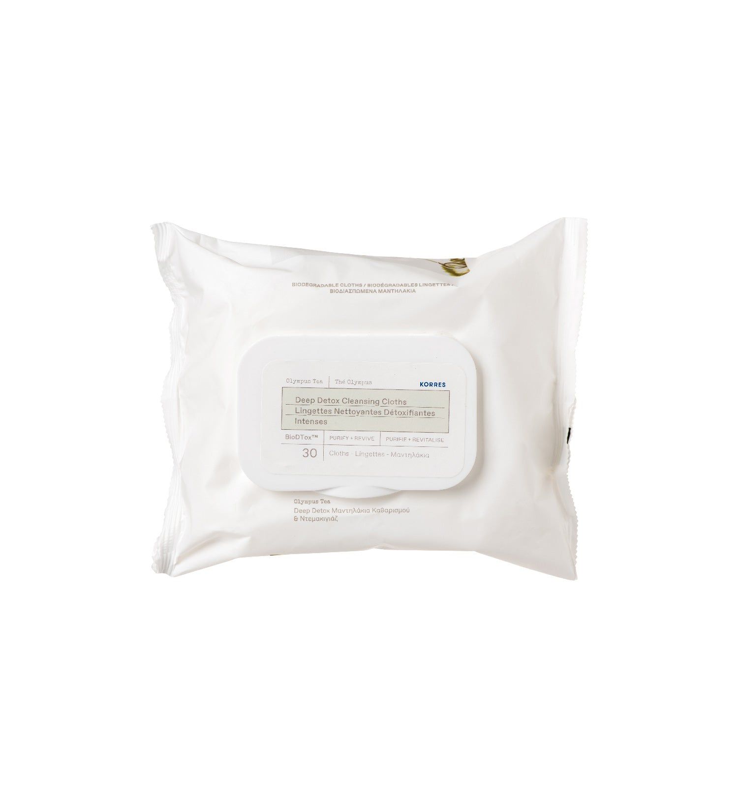 Weiße Verpackung mit Reinigungstüchern. Aufschrift: KORRES, Deep Detox Cleaning Cloths. 30 Tücher. Auf weißem Hintergrund.