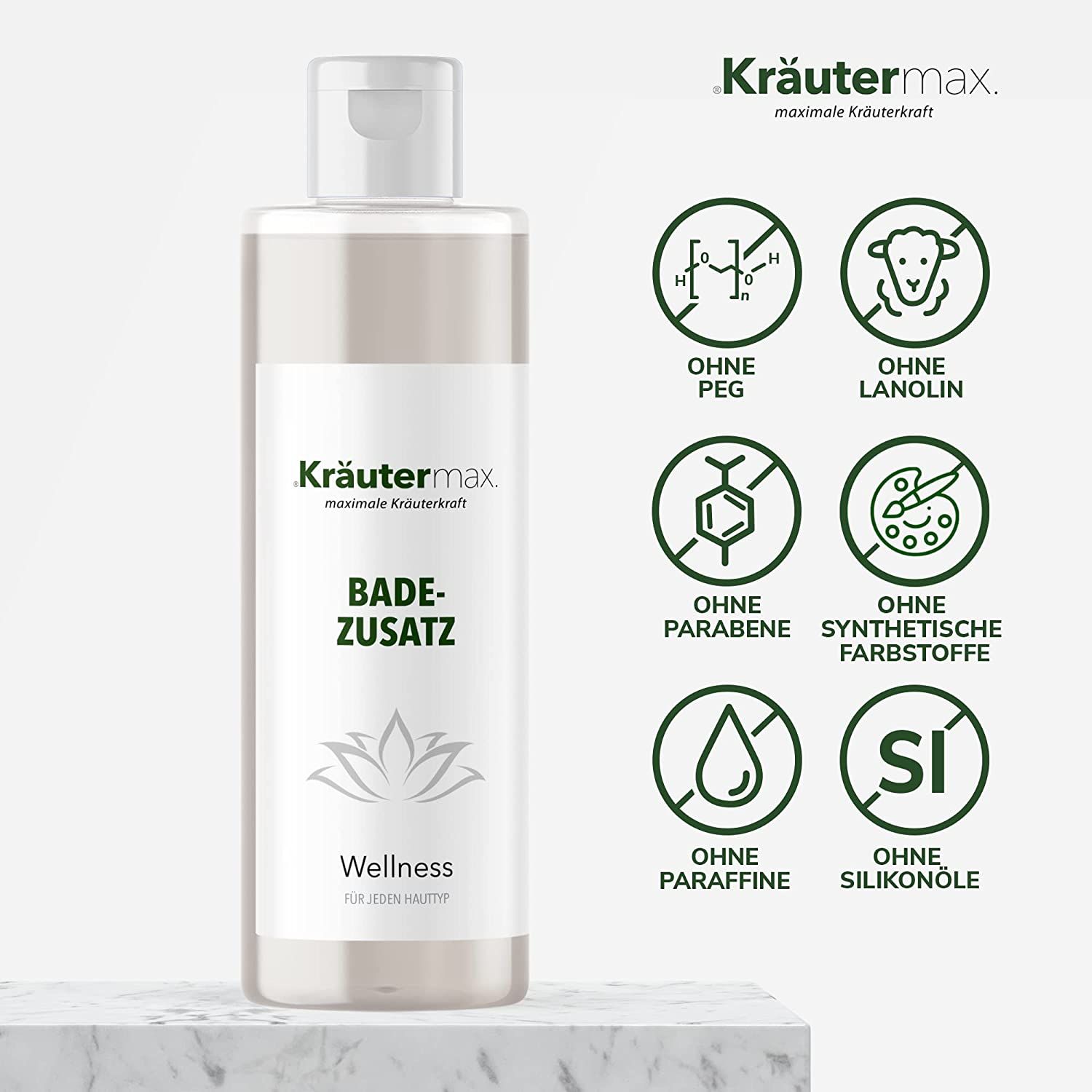 Kräutermax Badezusatz Wellness mit Bisabolol, Weizenprotein und Meersalz 250 ml Bad