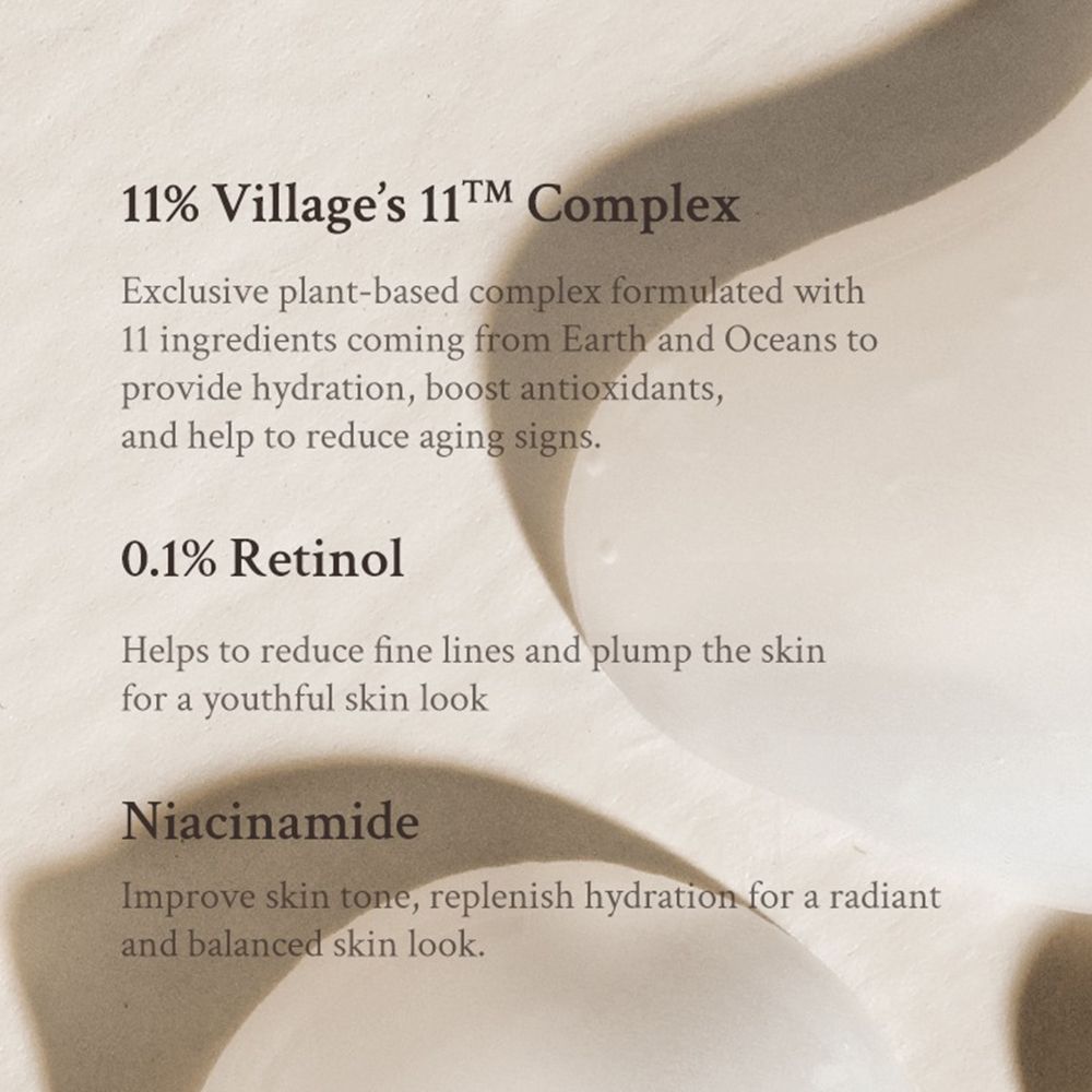Text mit Inhaltsstoffen: 11% Village's 11™ Complex, 0.1% Retinol, Niacinamid. Beschreibungen der Inhaltsstoffe und ihrer Wirkung.