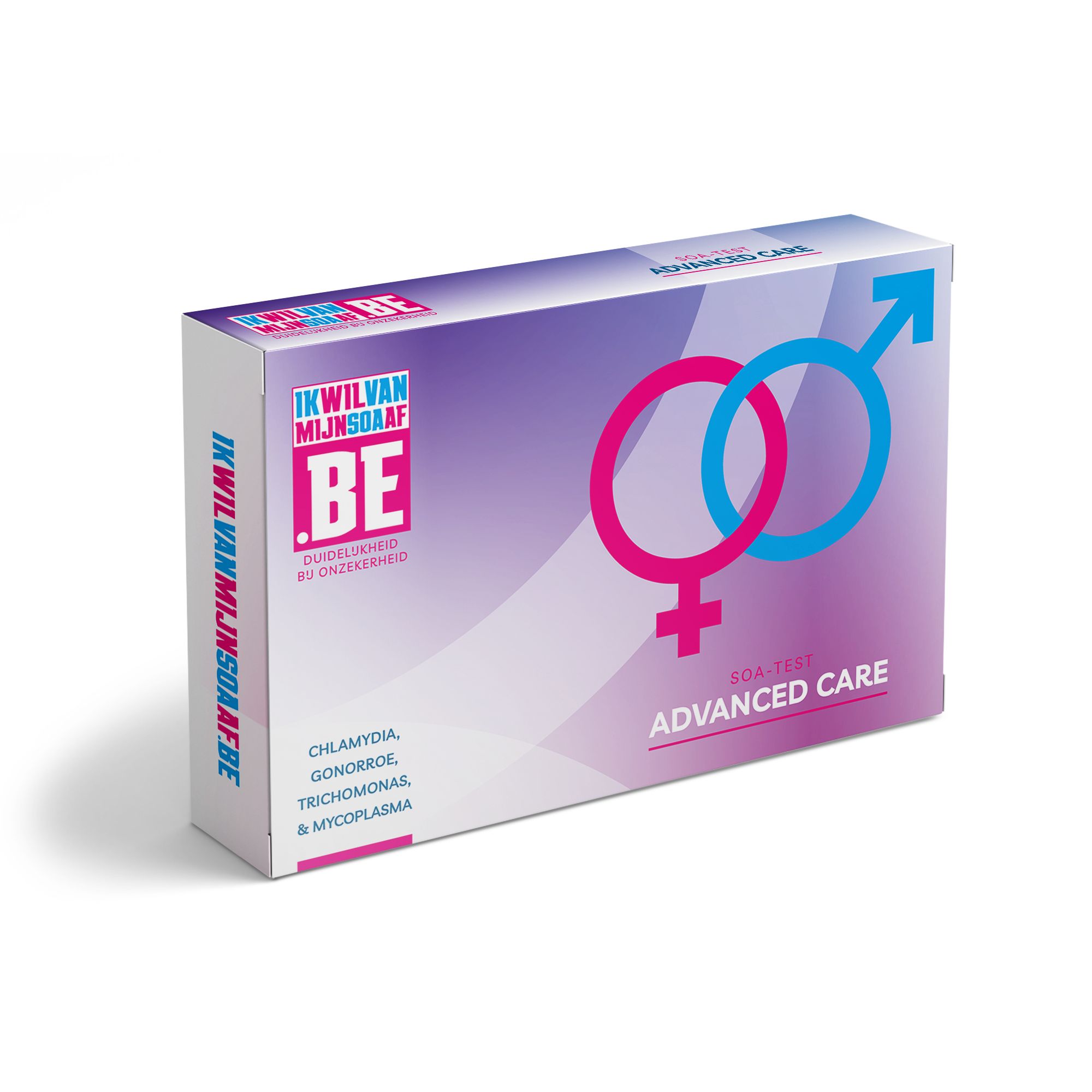 Verpackung mit Geschlechterzeichen und Text: Advanced Care. Enthält Informationen zu Chlamydien, Gonorrhöe, Trichomonas und Mykoplasma.