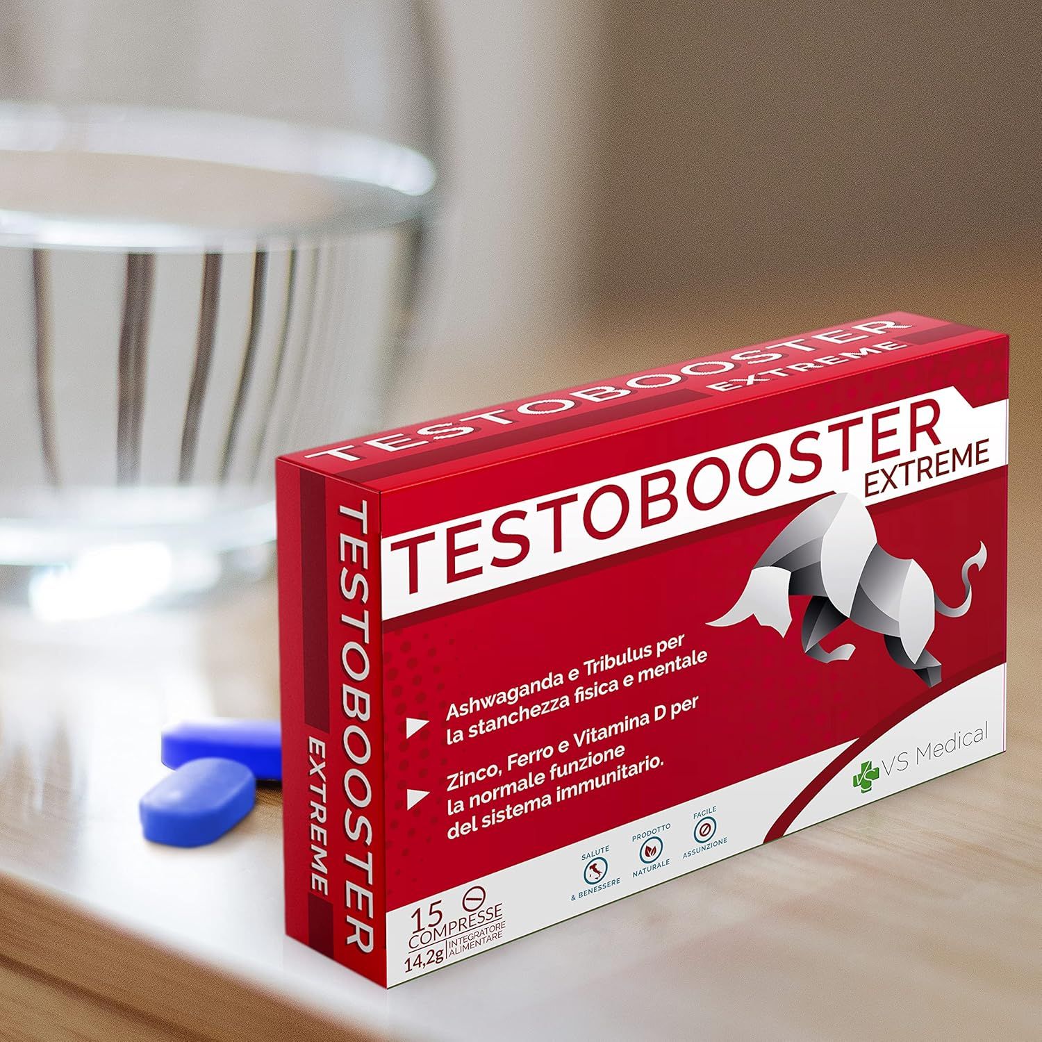 Rote Schachtel Testobooster Extreme. 15 Tabletten. Blaue Tabletten daneben. VS Medical Logo.