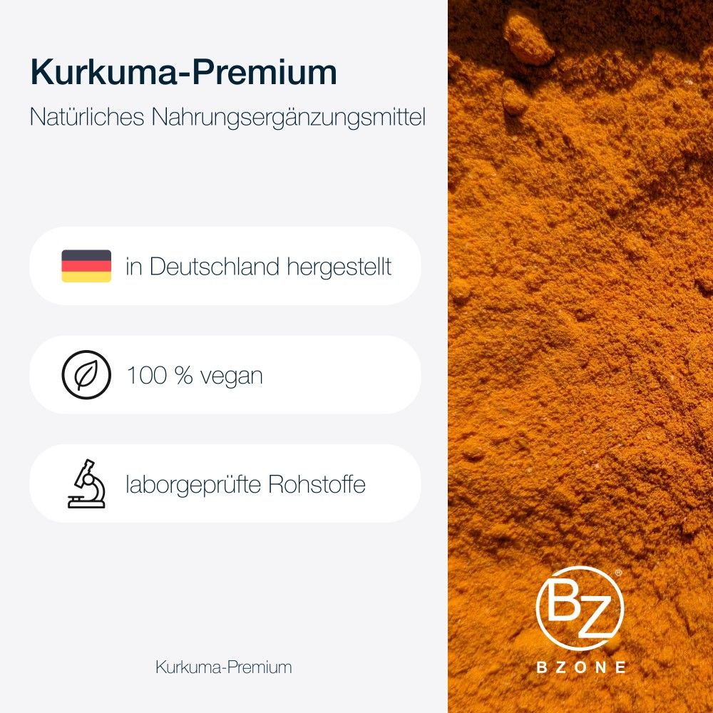 Hintergrund mit Kurkuma-Pulver. Text: Kurkuma-Premium, in Deutschland hergestellt, 100% vegan, laborgeprüfte Rohstoffe. BZONE Logo.