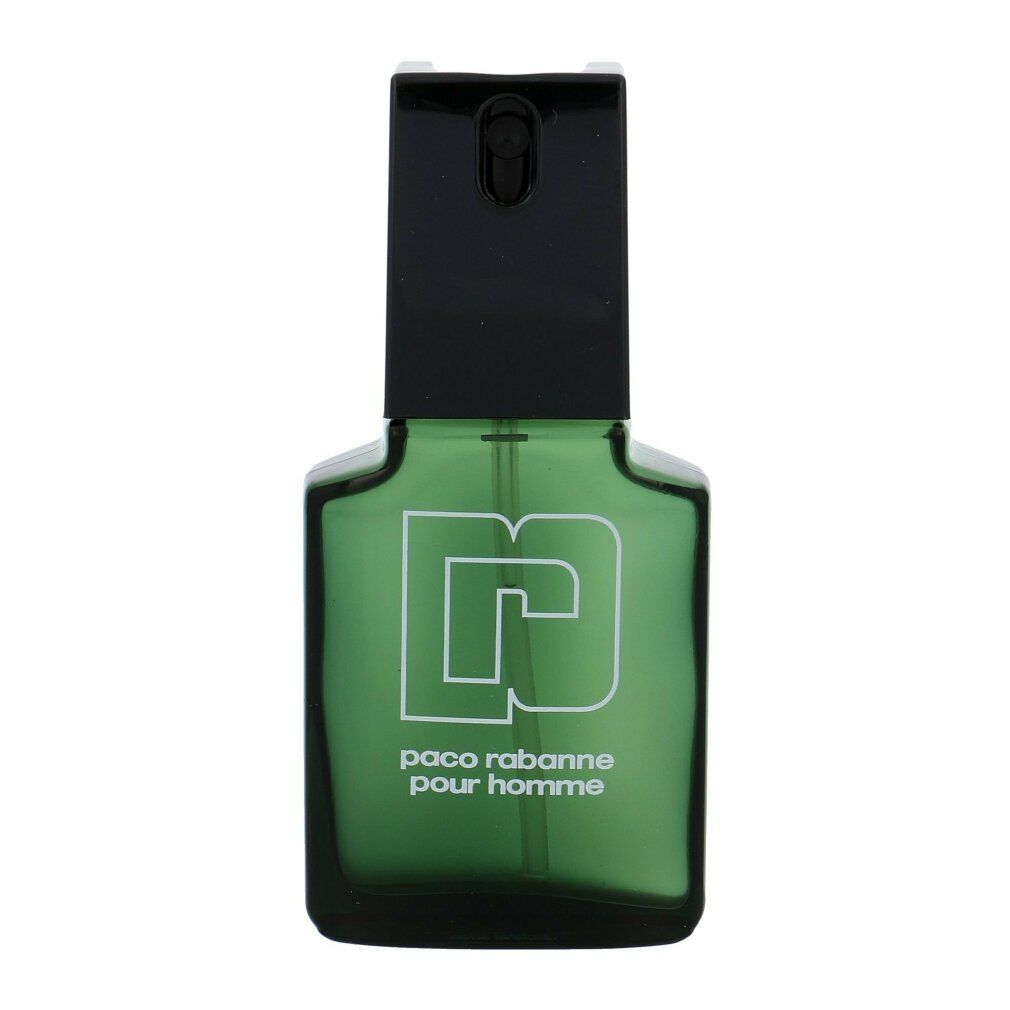Grünes Paco Rabanne Pour Homme Eau de Toilette. Schwarzer Verschluss. Weißes Logo und Schriftzug.