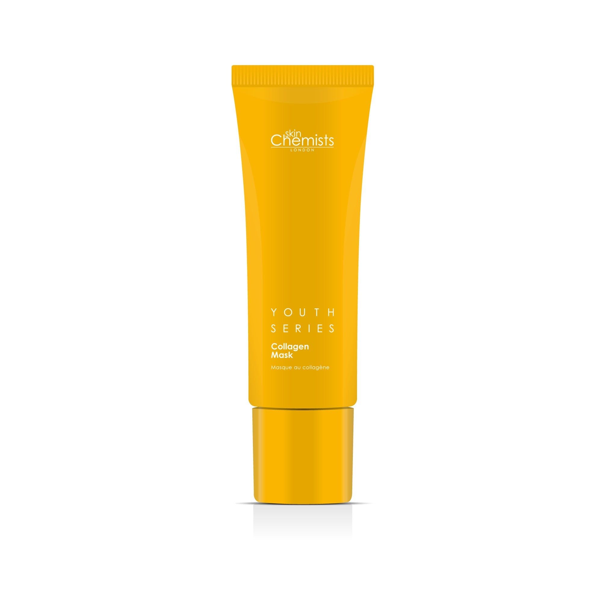 Gelbe Tube mit Schriftzug Youth Series Collagen Mask. Marke SkinChemists. Aufschrift in Englisch.