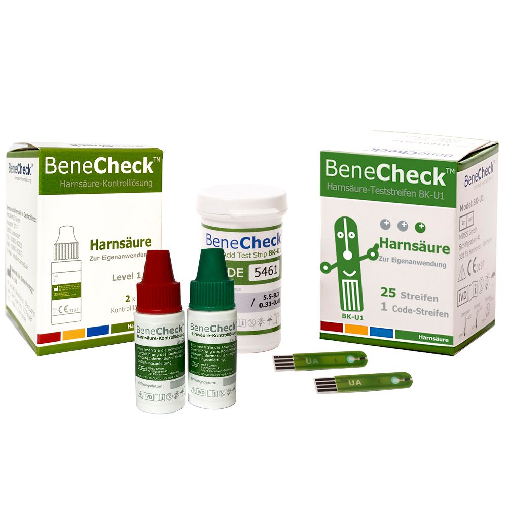 BeneCheck-Teststreifen und Kontrolllösung. Verpackungen, Flaschen und Teststreifen. Beschriftung: Harnsäure.