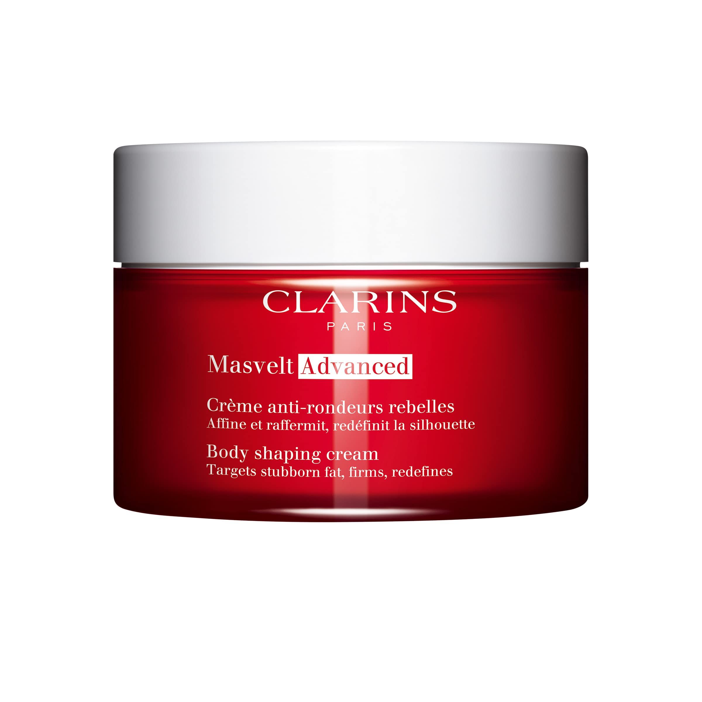 Roter Tiegel mit weißem Deckel. Text: Clarins Paris, Masvelt Advanced, Crème anti-rondeurs rebelles, Body shaping cream.