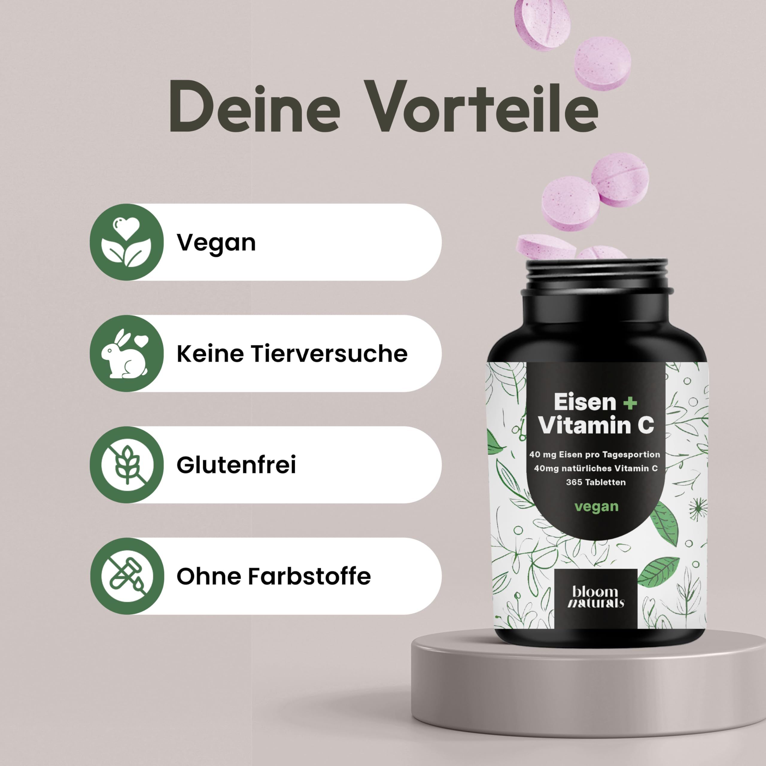 Produktflasche mit Tabletten. Text: Vegan, keine Tierversuche, glutenfrei, ohne Farbstoffe.