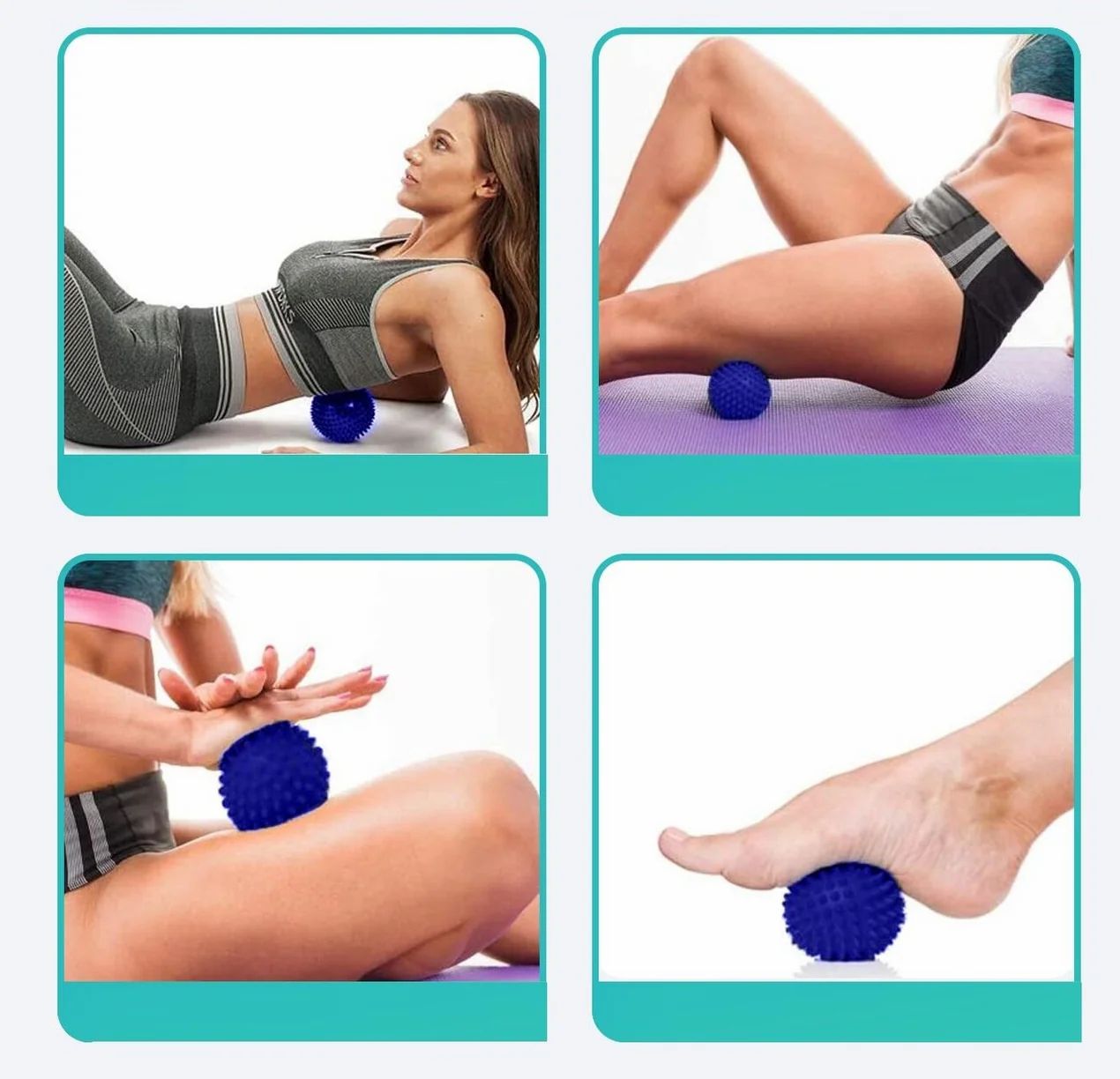 Vier Bilder zeigen Frauen, die blaue Massagebälle verwenden. Verschiedene Körperbereiche werden massiert.