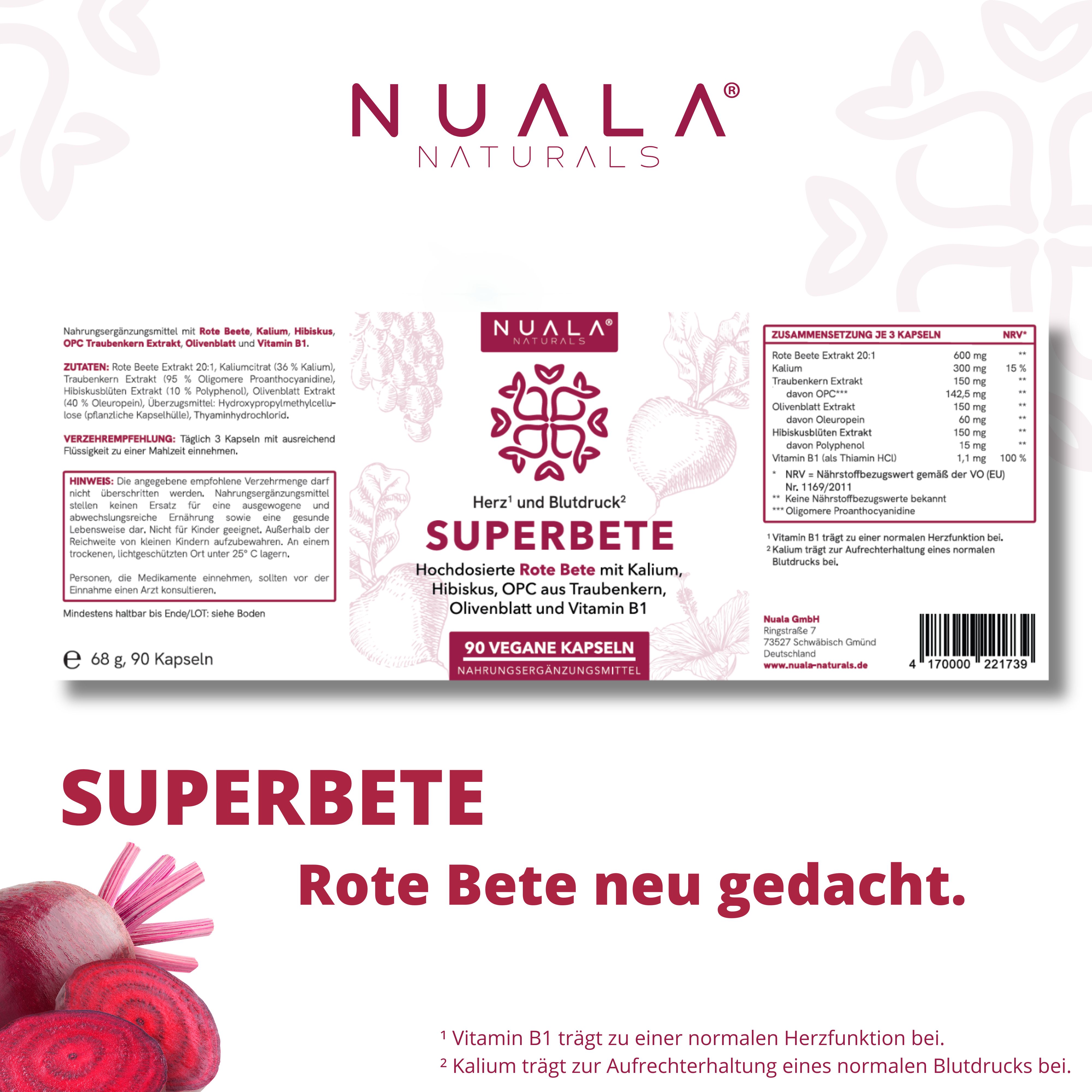 Nuala Naturals Superbete Kapseln: Rote Bete, Kalium, Hibiskus, OPC, Olivenblatt, Vitamin B1. 90 vegane Kapseln.
