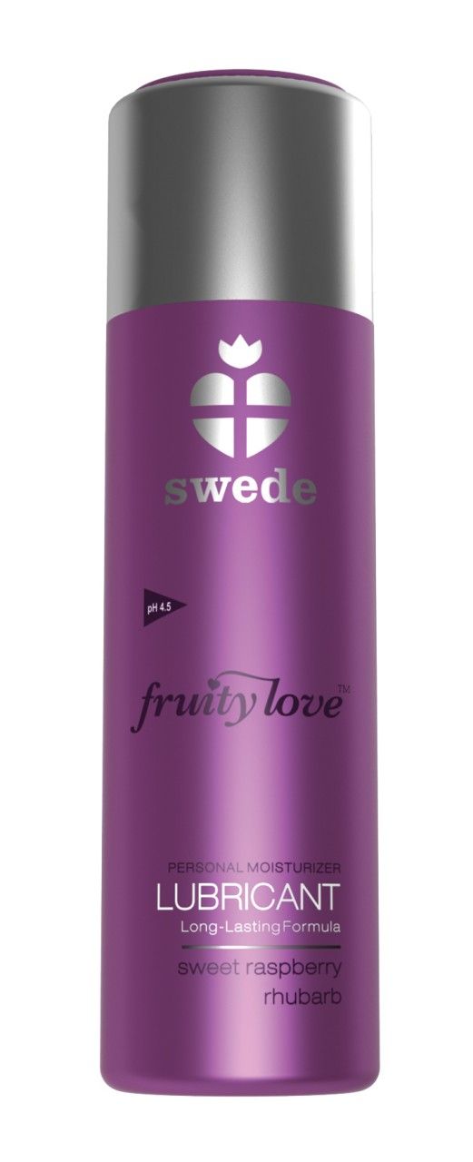 Flasche Fruity Love Lubricant. Lila Flasche mit silbernem Deckel. Aufschrift: swede, Fruity Love, Lubricant.