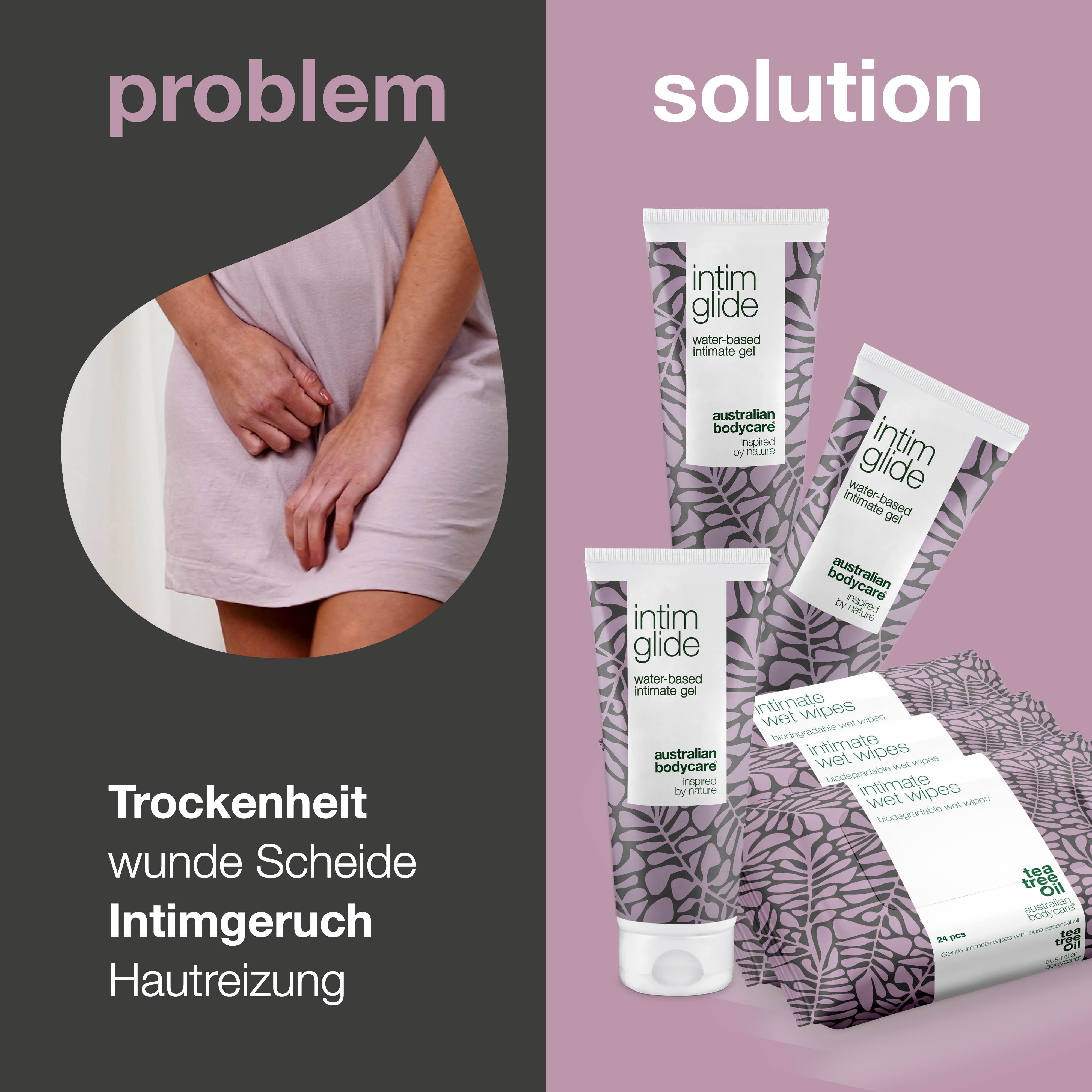 Grafik: Problem und Lösung. Intim-Gel und Feuchttücher. Text: Trockenheit, wunde Scheide, Intimgeruch.