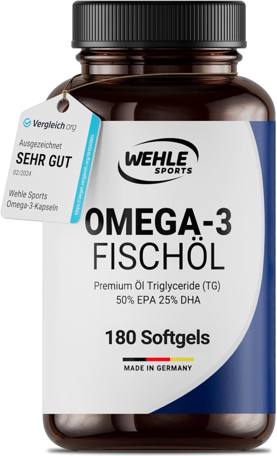 Braune Flasche Wehle Sports Omega-3 Fischöl. 180 Softgels. Premium Öl. 50% EPA, 25% DHA. Mit Anhänger.