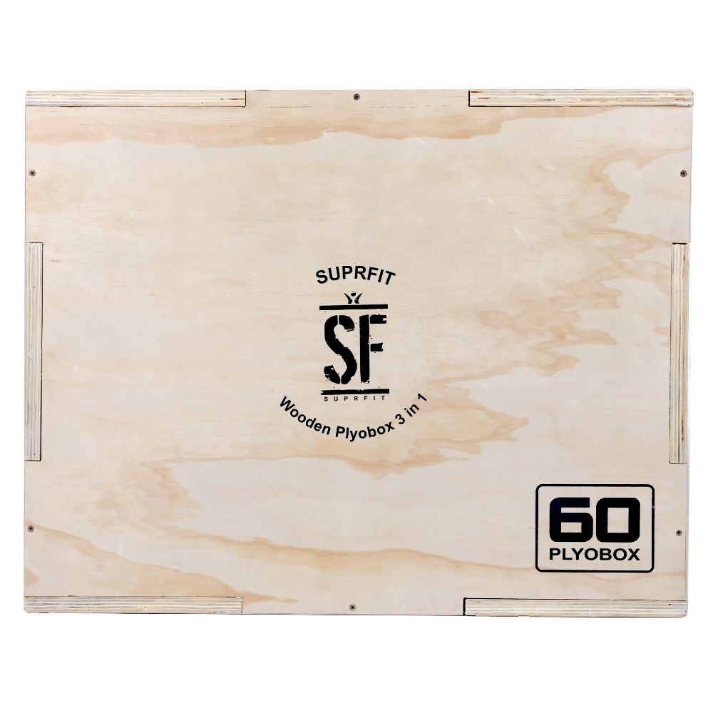 Oberfläche einer Holz-Plyobox mit Logo und Aufschrift: Suprfit, SF, Wooden Plyobox 3 in 1, 60 Plyobox.