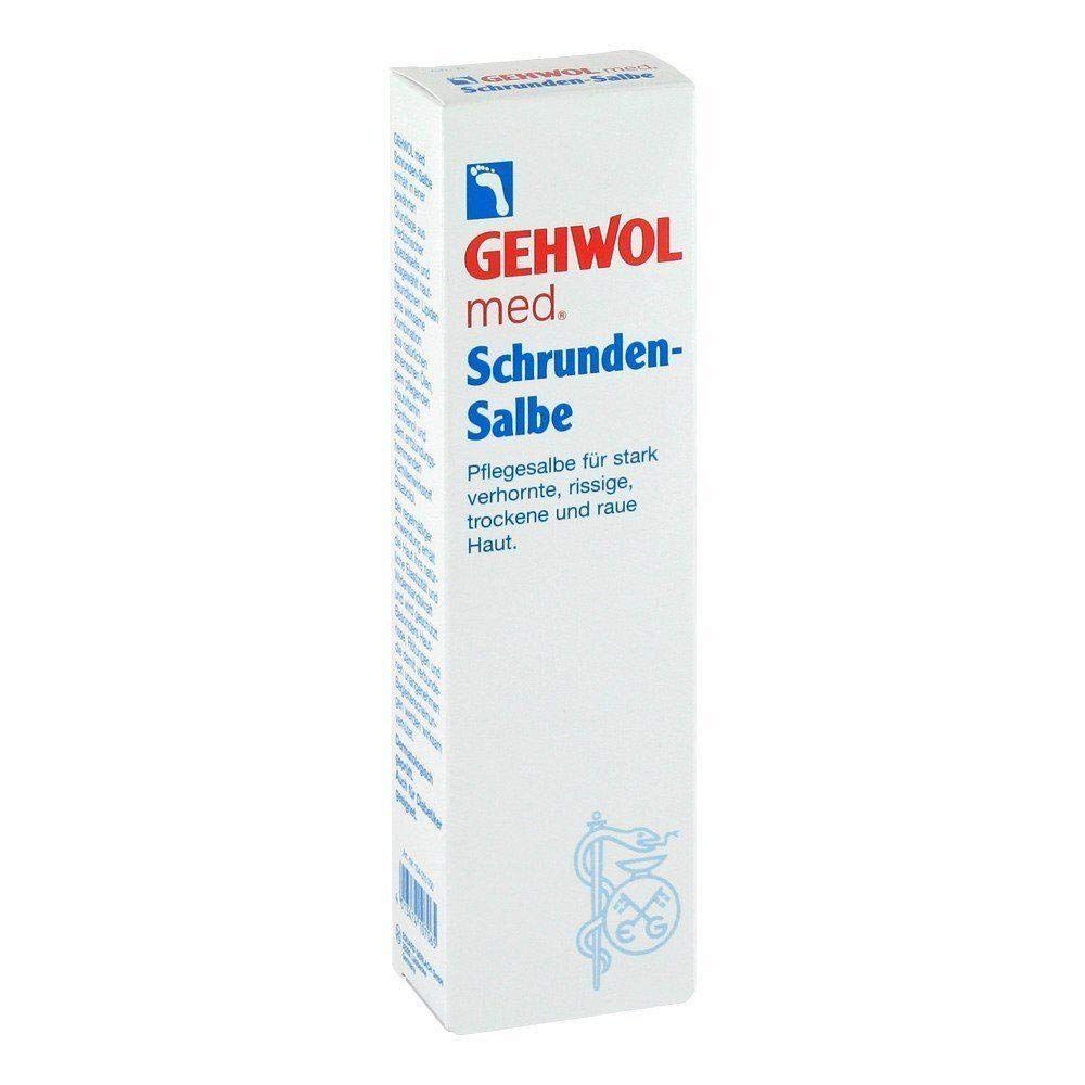 Weiße Verpackung mit GEHWOL med. Schrunden-Salbe Aufschrift. Text: Pflegesalbe für stark verhornte, rissige, trockene und raue Haut.
