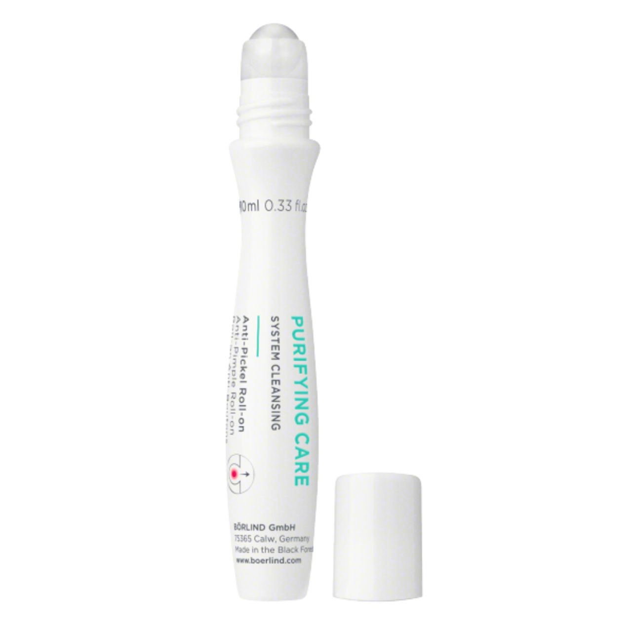 Weißer Roll-on mit Kappe. Beschriftung: PURIFYING CARE, Anti-Pickel Roll-on. 10ml.
