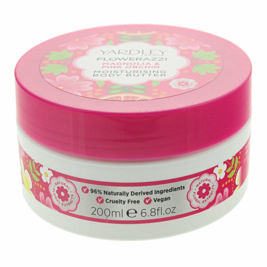 Runder, weißer Tiegel mit rosa Deckel. Aufschrift: Yardley Flowerazzi Magnolia & Pink Orchid Body Butter. 96% natürliche Inhaltsstoffe.