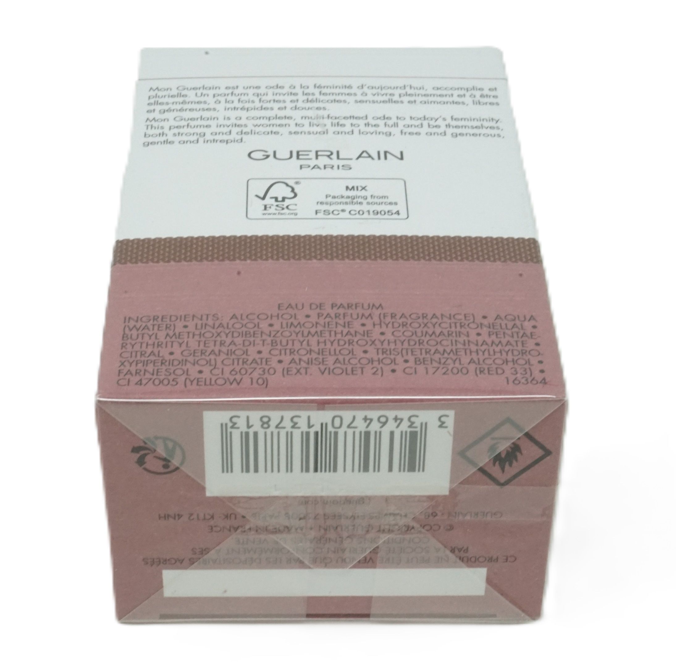 Verpackung mit Text und Logo. FSC-Zertifizierung. Inhaltsstoffe und Text in Englisch und Französisch.