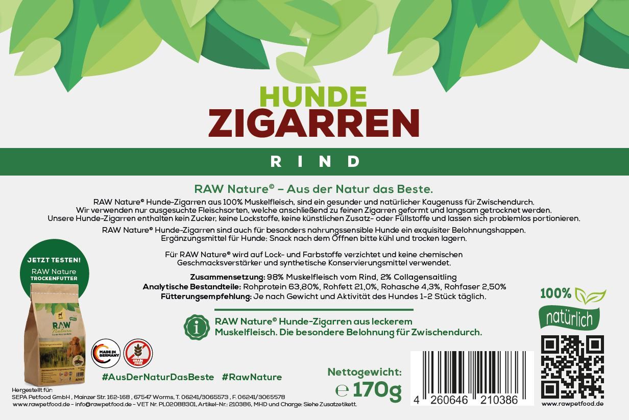 RAW Nature Hundesnack, Rind Hunde-Zigarren, Dörrfleisch Kausnack