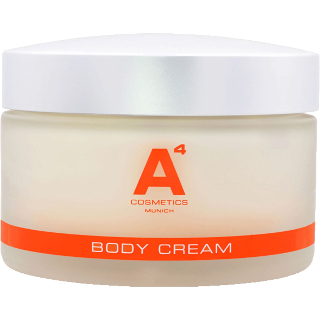 Creme-Dose mit weißer Creme. Aufschrift: A4 Cosmetics, Body Cream. Orangefarbener Streifen.