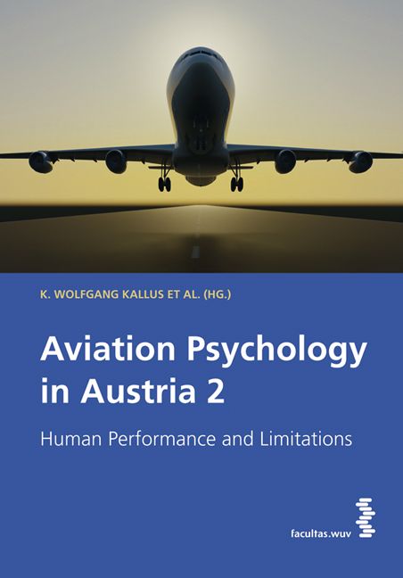 Buchcover: "Aviation Psychology in Austria 2". Titel und Autorenangabe. Im Hintergrund ein startendes Flugzeug.