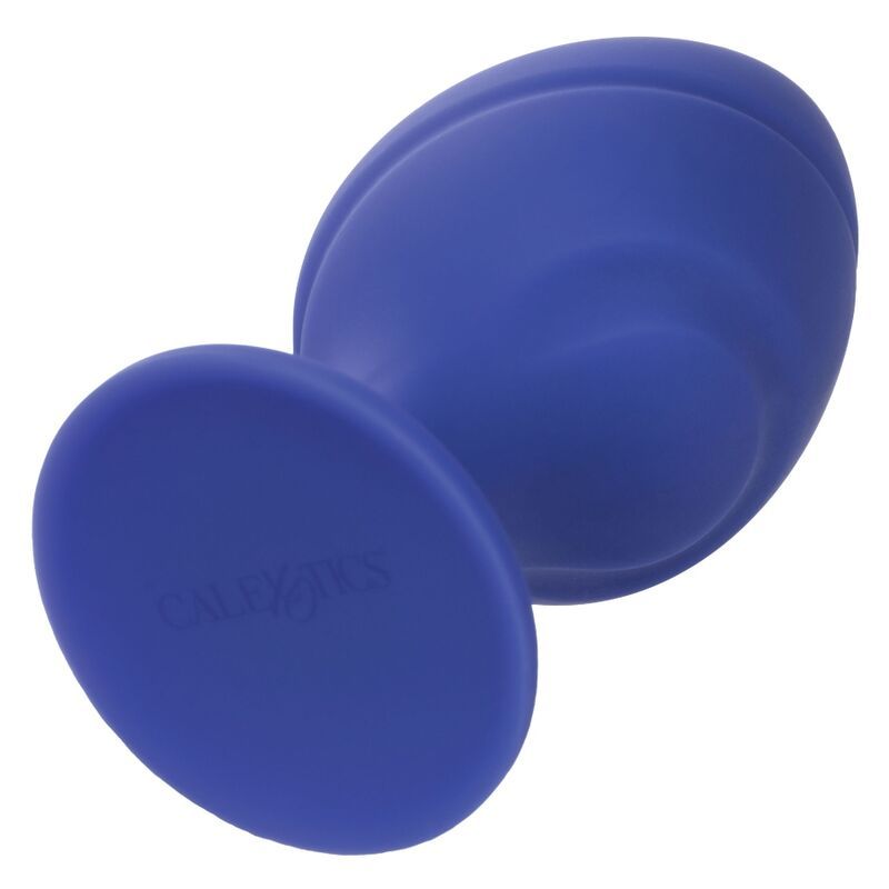 Blauer Analplug aus Silikon. Basis mit rundem Fuß. Markenname Calexotics auf der Basis.