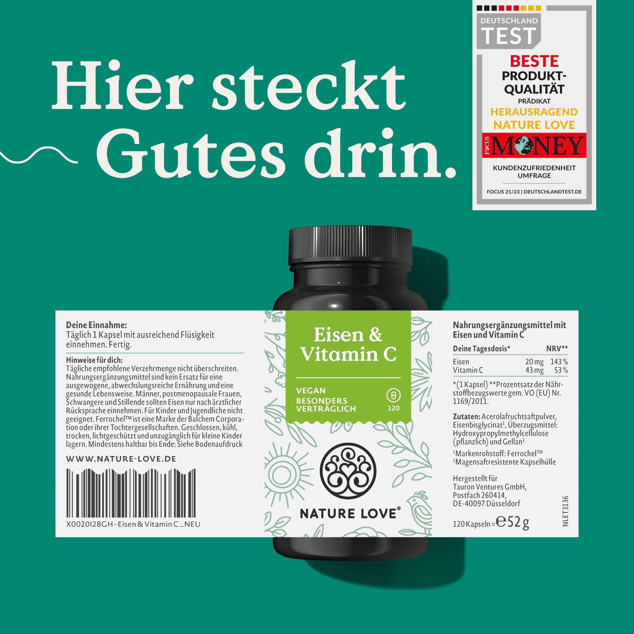 Flasche mit Etikett. Aufschrift: Eisen & Vitamin C, vegan, NATURE LOVE®-Logo. Text: Hier steckt Gutes drin. Test-Siegel.