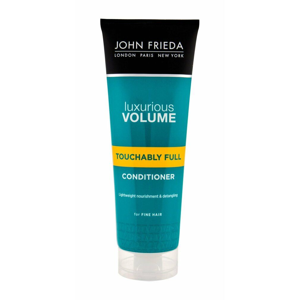 John Frieda Conditioner-Tube. Luxuriöses Volumen, Touchably Full. Für feines Haar. Grün-weißes Design mit schwarzem Deckel.
