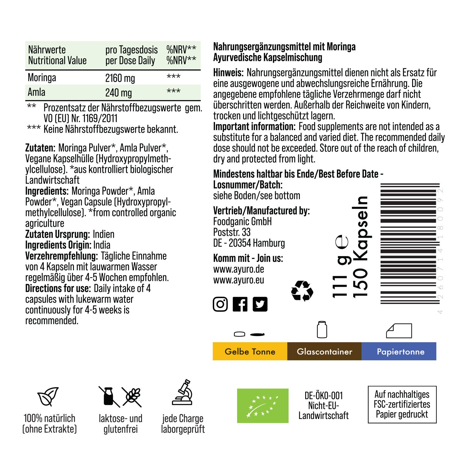 Rückseite der Flasche mit Nährwertangaben, Inhaltsstoffen, Verzehrempfehlung und Herstellerinformationen. Bio-Siegel.