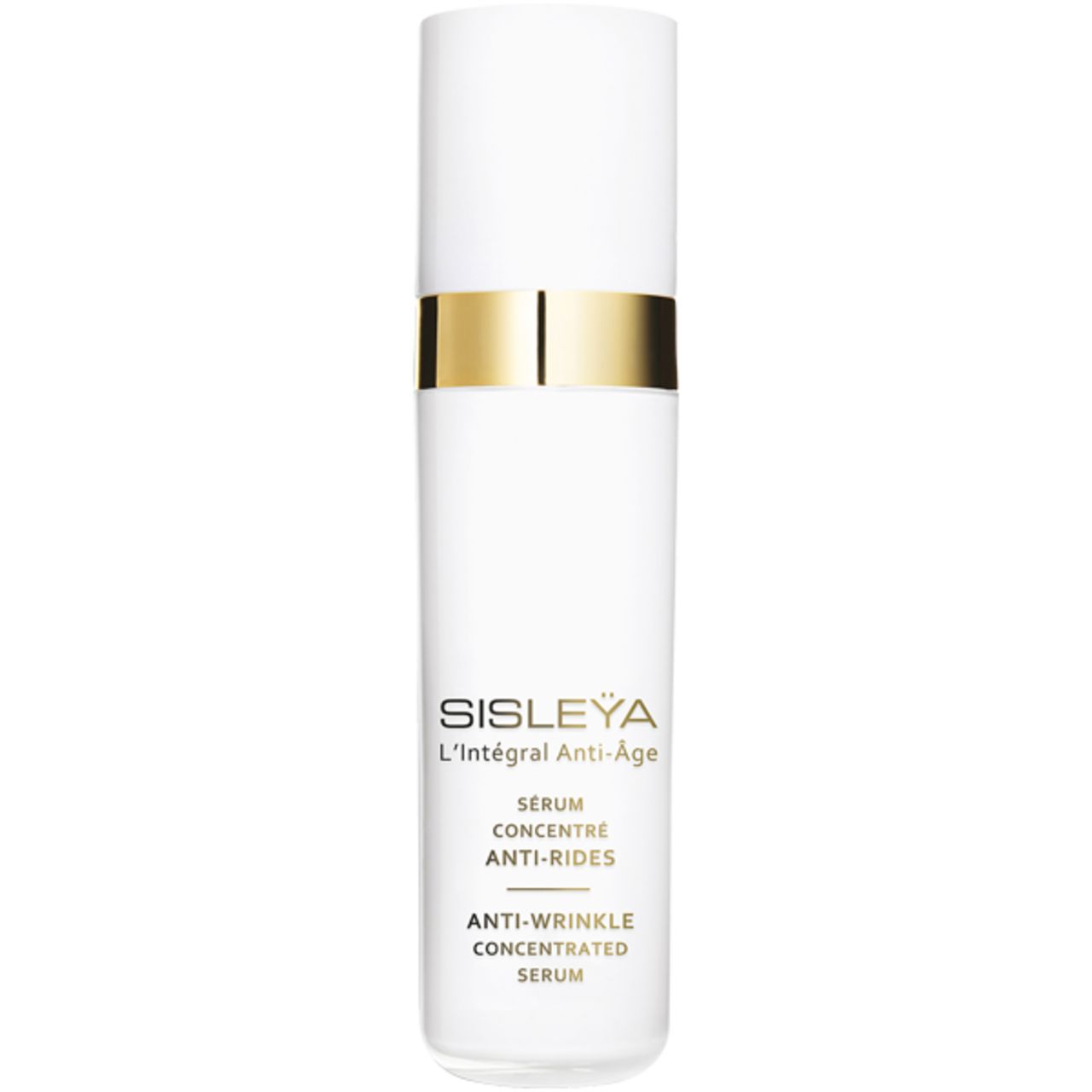 Weißes Serum mit goldfarbenem Band. Produktname und Text sind sichtbar.