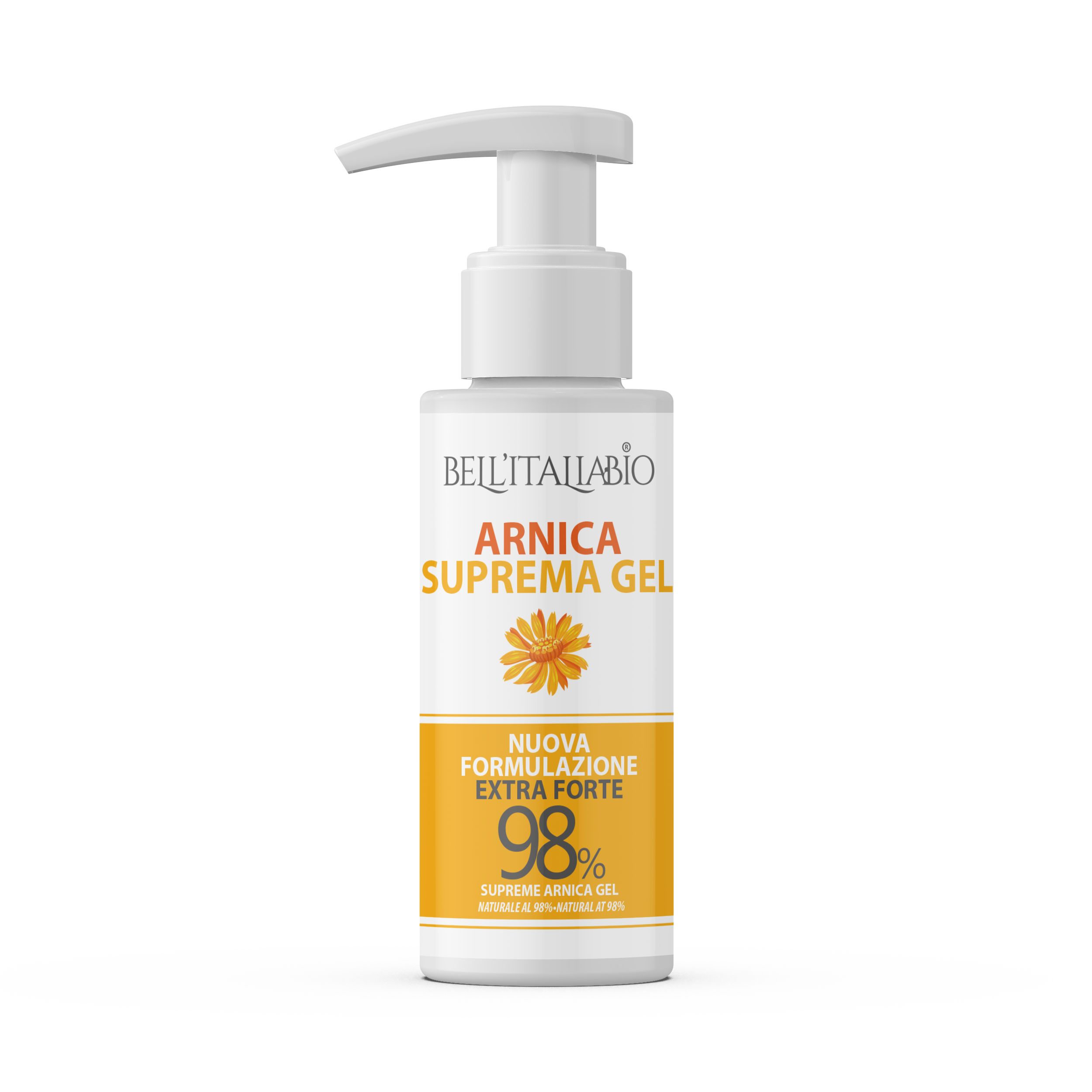 Weiß-gelbe Flasche mit Pumpverschluss. Aufschrift: Arnica Suprema Gel, 98%. Marke: Bell'Italiabio.