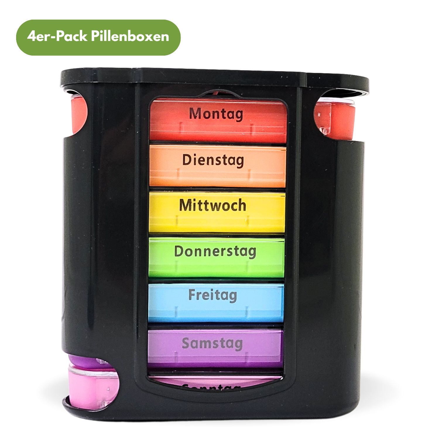 7-Tage-Pillenbox mit farbigen Fächern für jeden Tag.