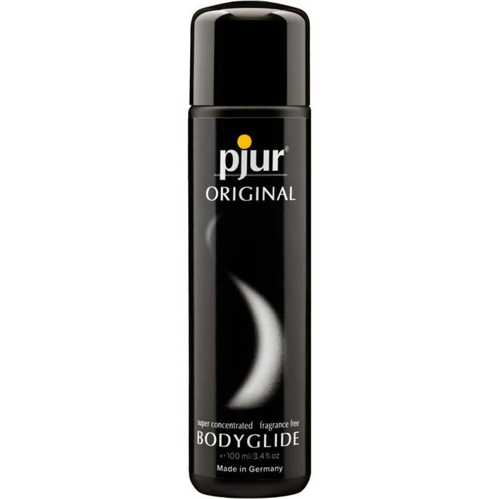 Schwarze Flasche mit schwarzem Deckel. Aufschrift: pjur ORIGINAL. Weiße, geschwungene Linie. Text: super concentrated fragrance free BODYGLIDE.