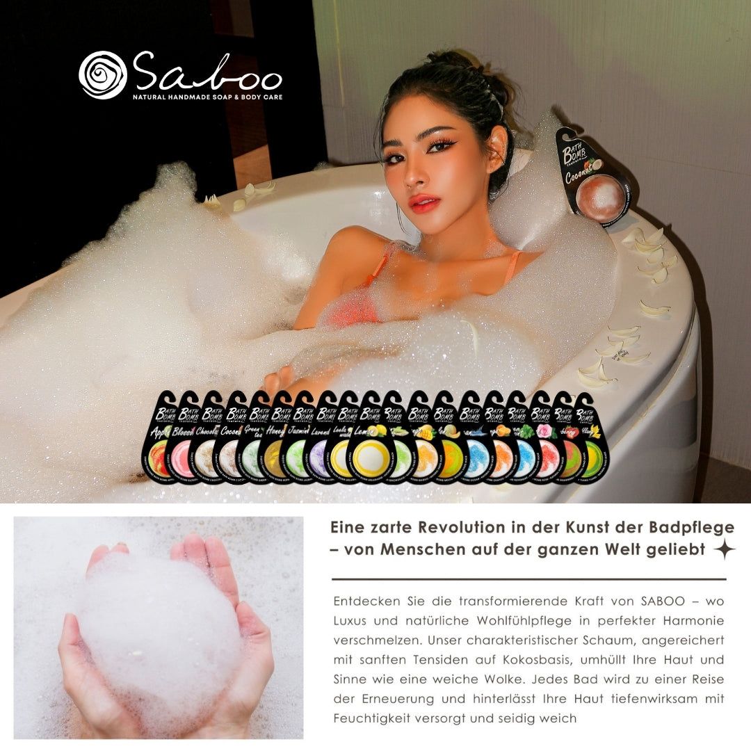 Frau in Badewanne mit Schaum. SABOO Schaumbad Bombe. Verschiedene Düfte. Text: Revolution in der Badpflege.